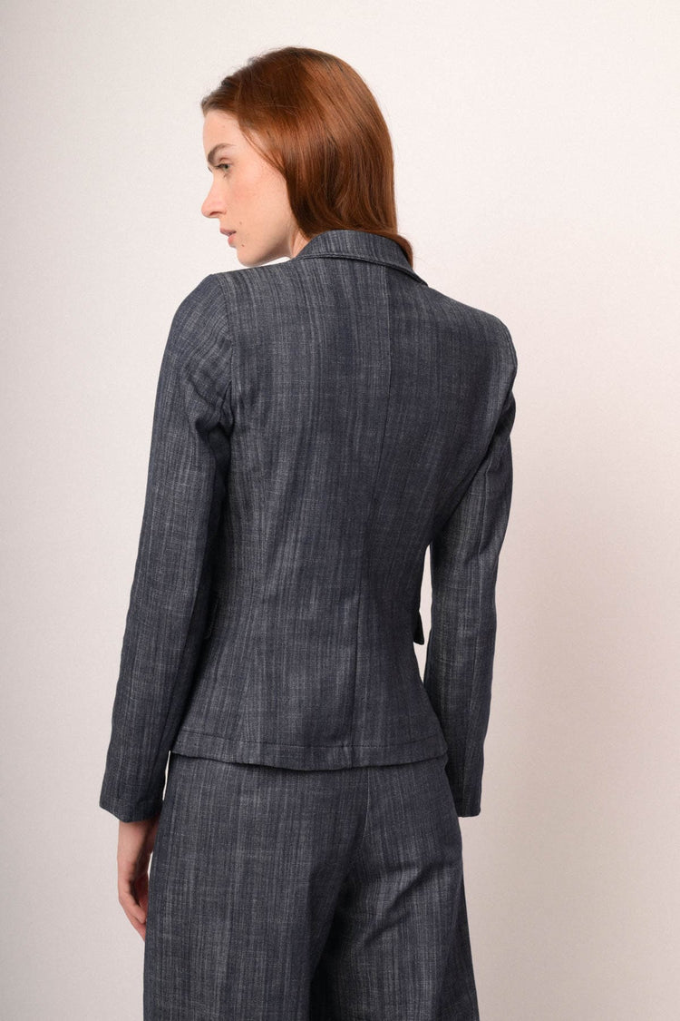 Blazer monopetto in tela blu effetto denim