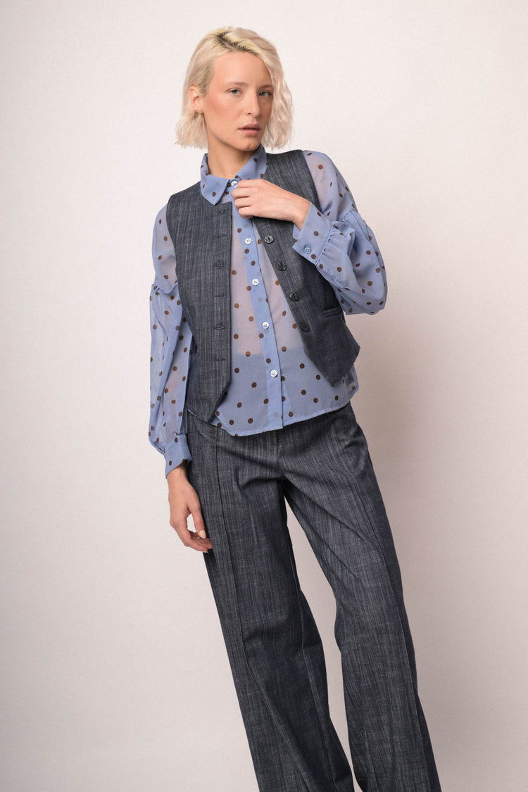 Gilet effetto denim blu con scollo tondo