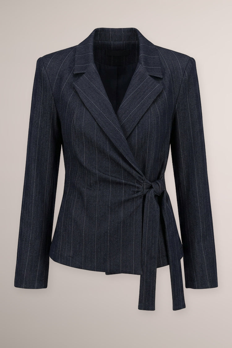 Blazer in gessato blu con laccetti da annodare