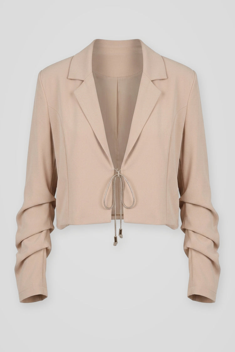 Blazer crop rosa cipria con laccetti lamé