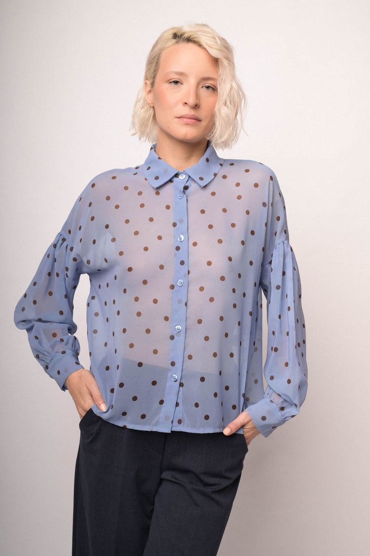 Camicia blu denim con stampa  pois