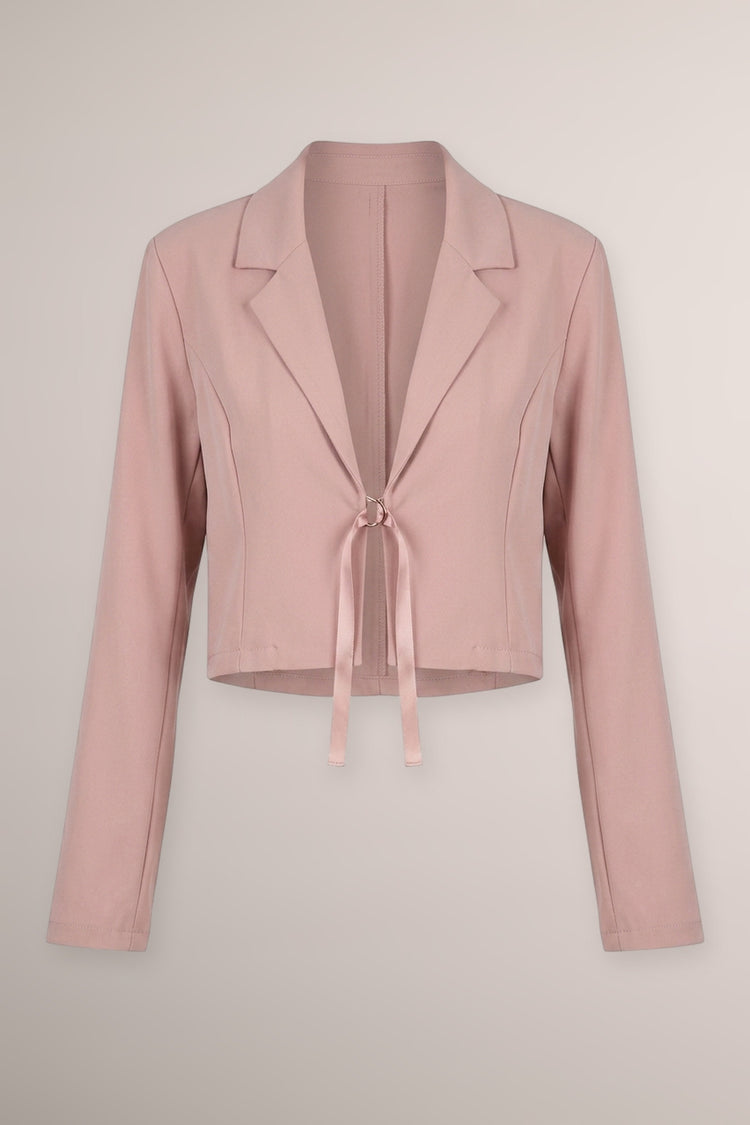 Blazer crop rosa pastello con nastro in raso