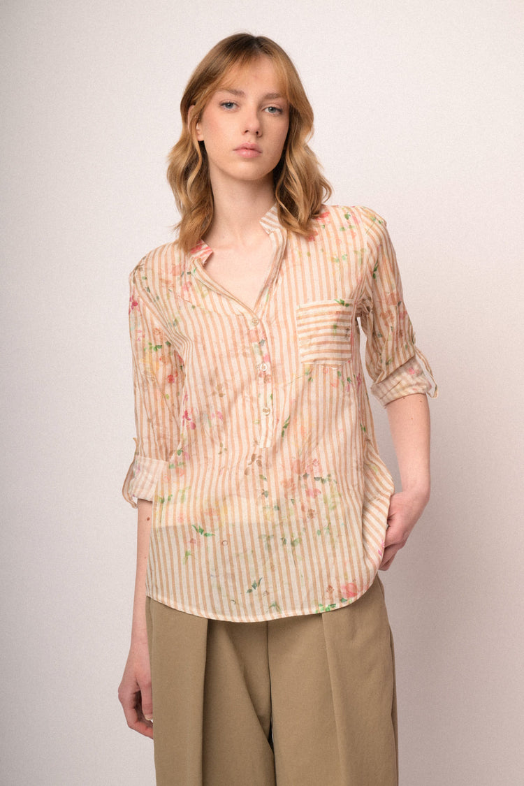 Blusa in cotone a righe & fiori beige