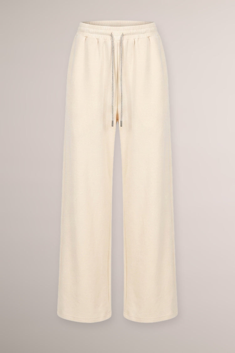 Joggers a gamba ampia misto modal avorio con coulisse in strass
