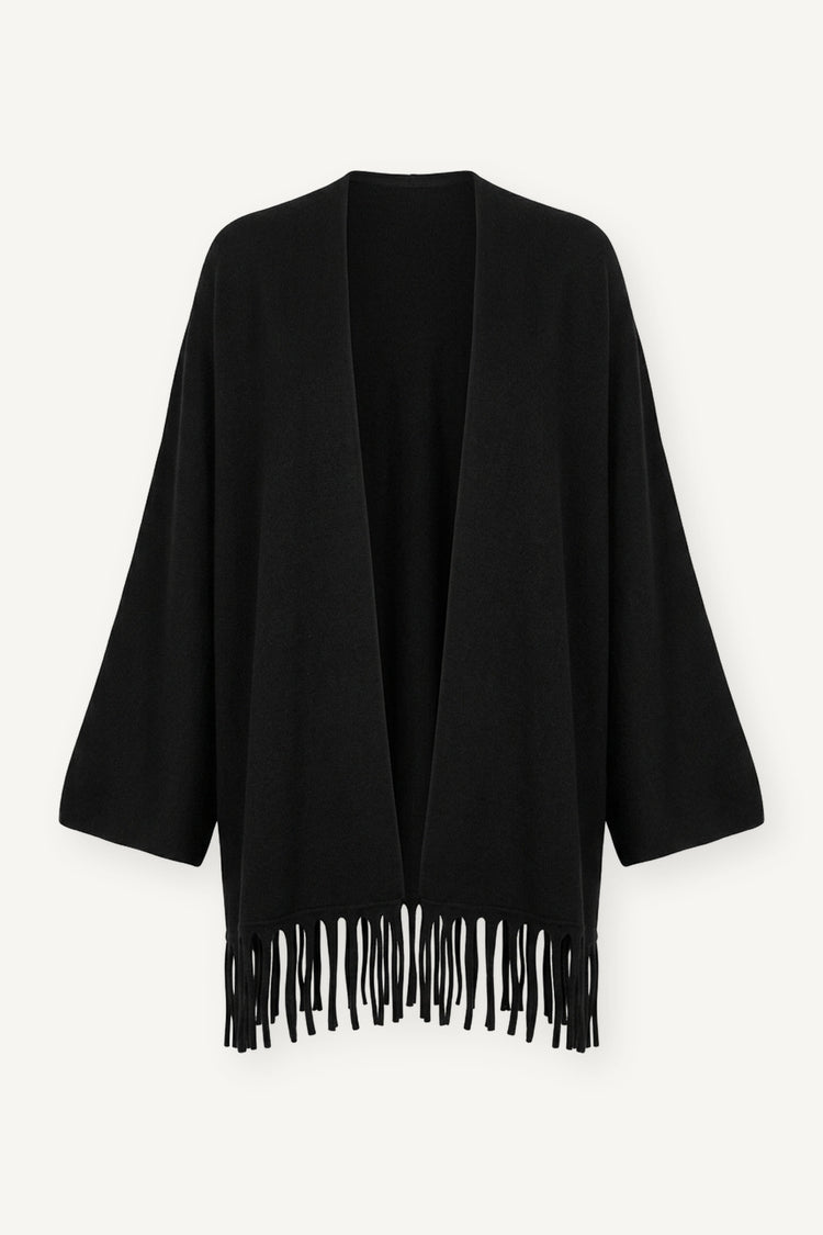 Spolverino nero in maglia con frange