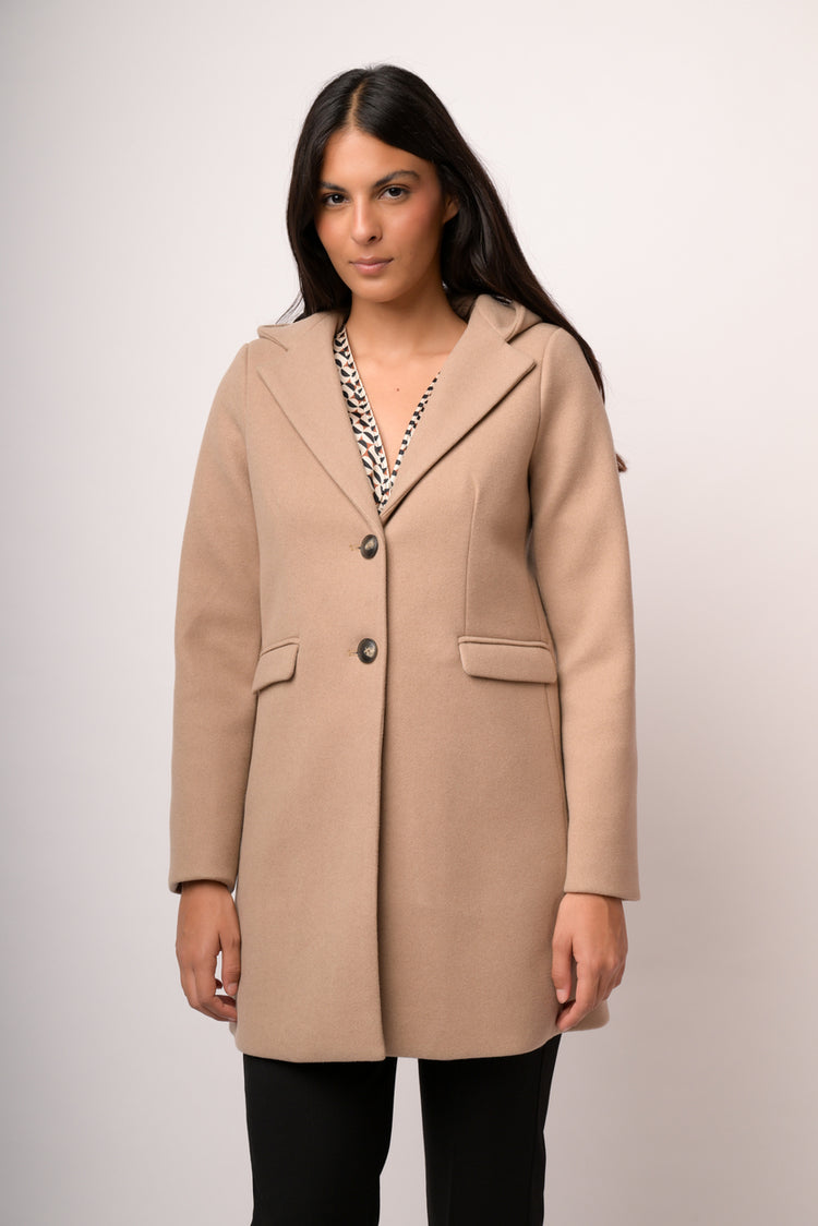 Cappotto cammello misto lana con cappuccio