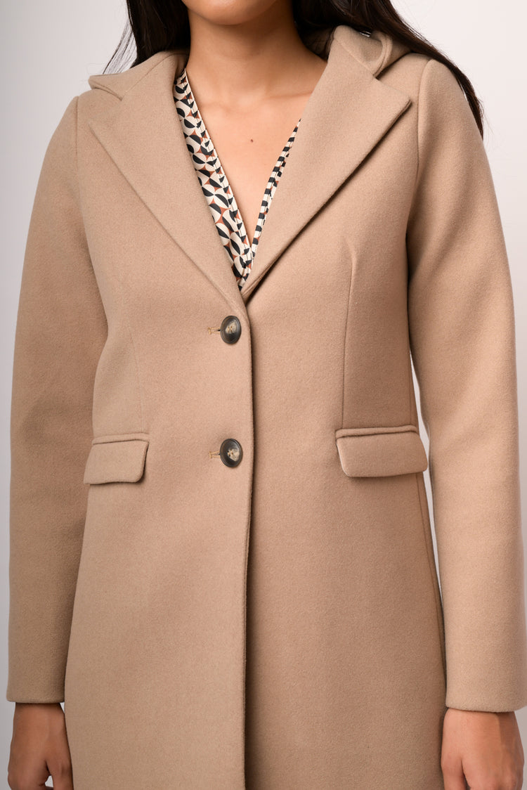 Cappotto cammello misto lana con cappuccio