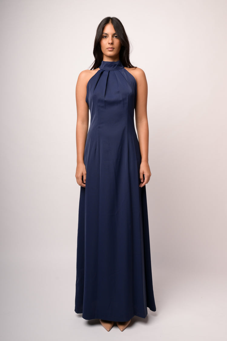 Abito lungo blu con scollo all'americana
