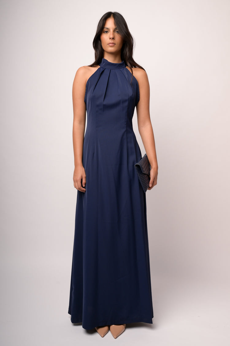 Abito lungo blu con scollo all'americana