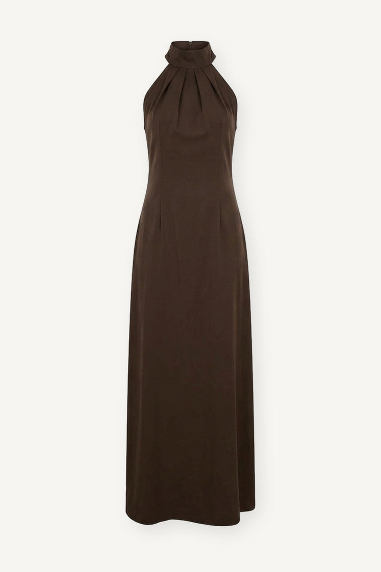 Abito lungo marrone con scollo all'americana