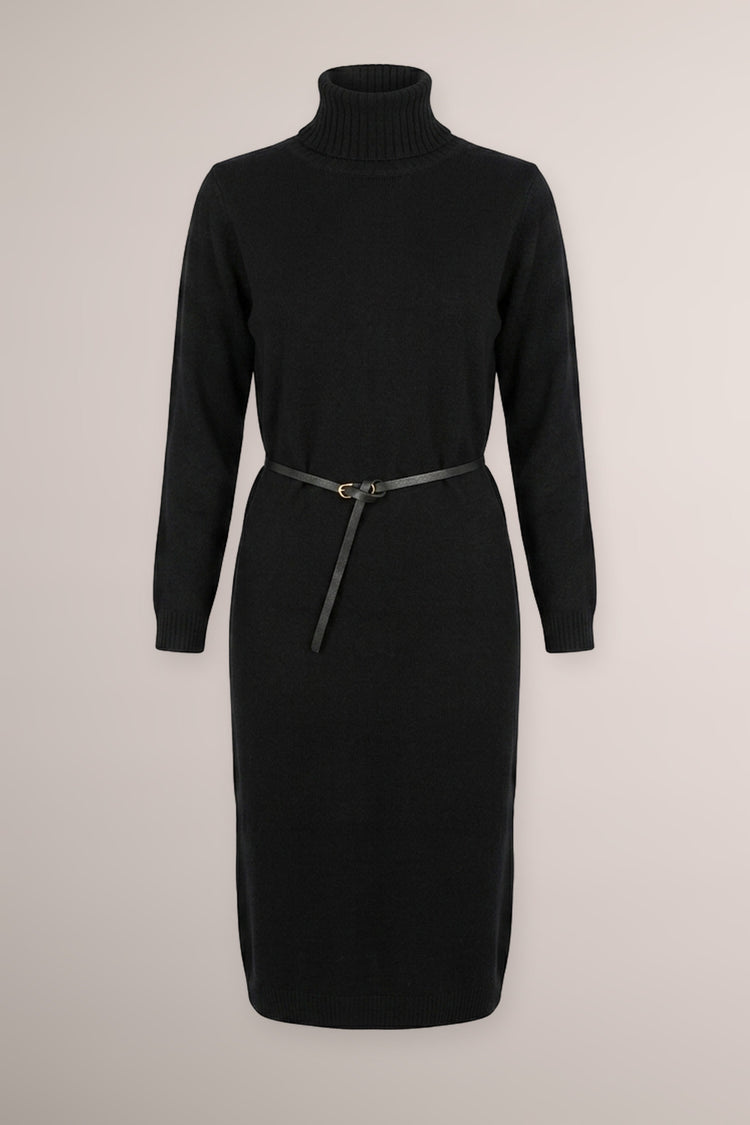 Abito midi in maglia nera con collo alto e cintura