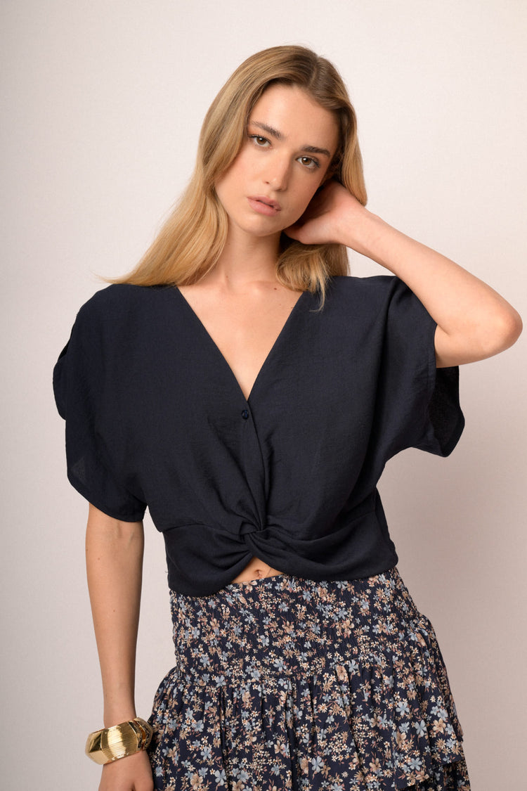 Top crop con nodo misto viscosa blu notte