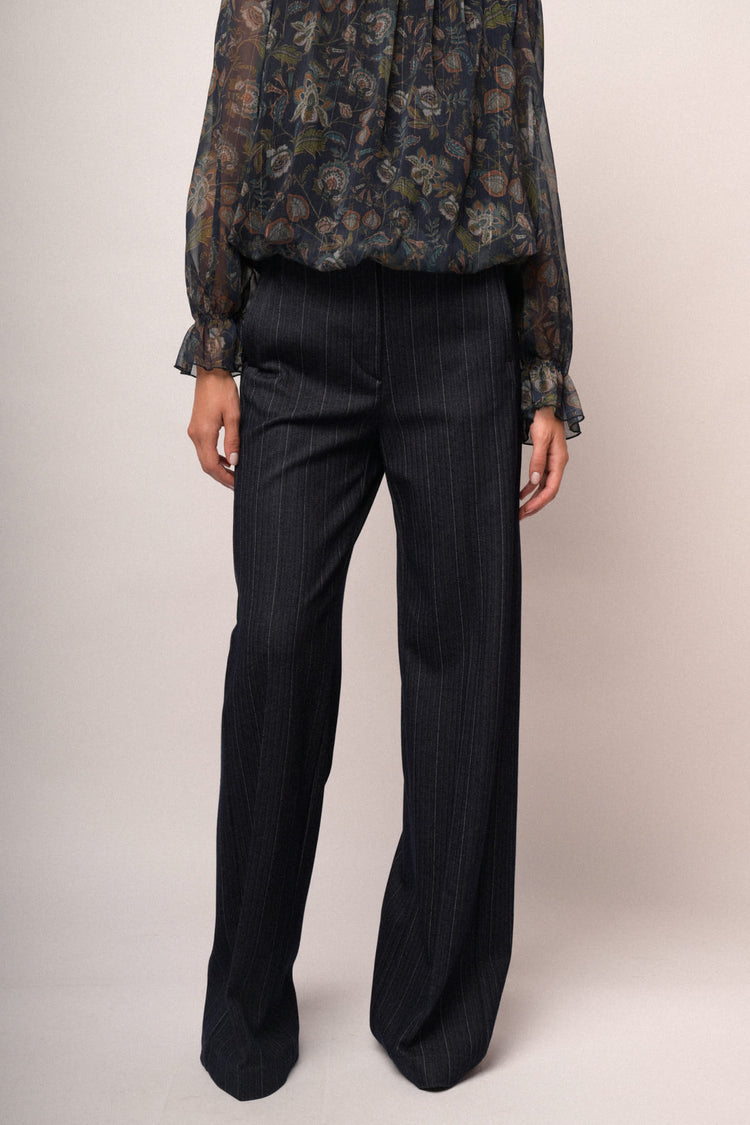 Pantaloni palazzo misto viscosa blu gessata