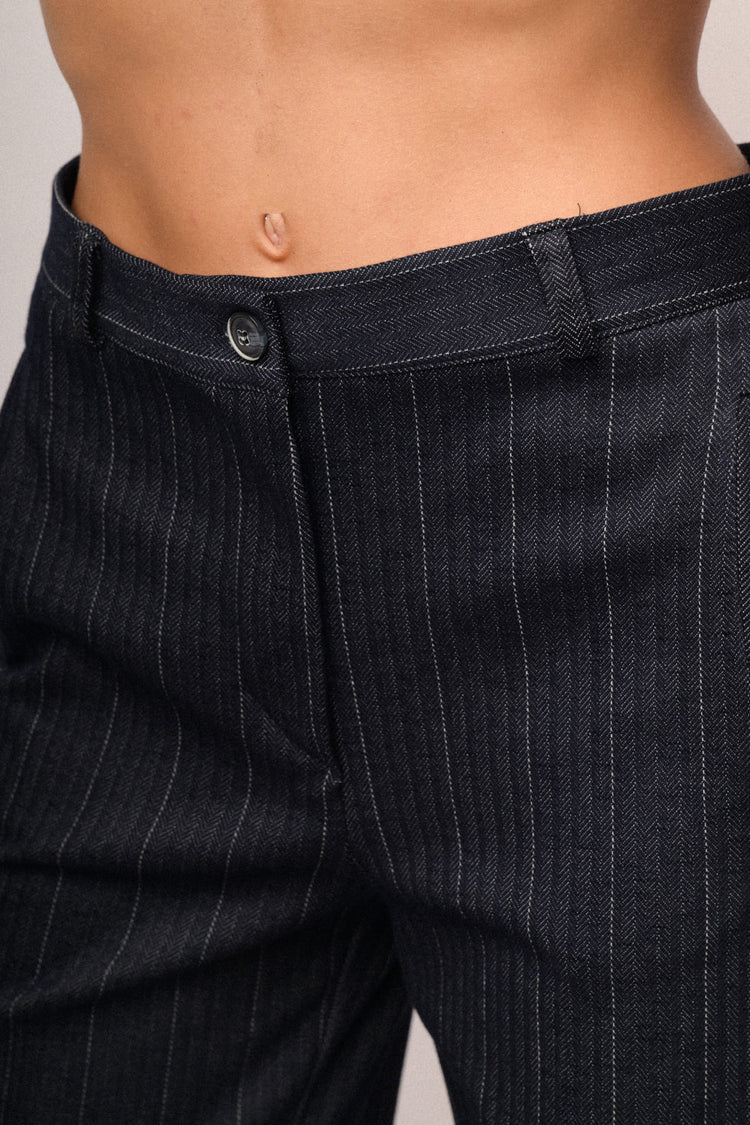 Pantaloni palazzo misto viscosa blu gessata
