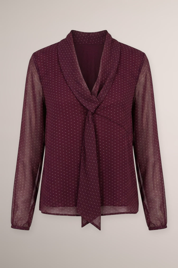 Blusa in tulle bordeaux a stampa con nastro