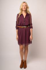 Mini abito chemisier in tulle bordeaux a stampa