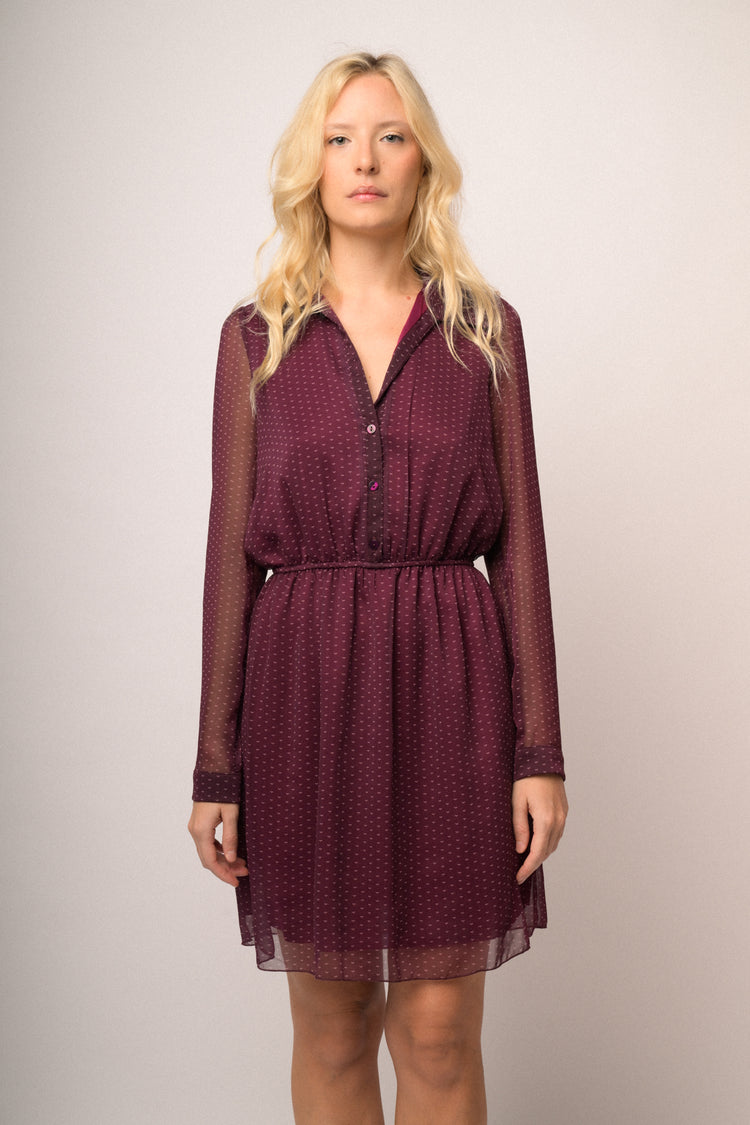 Mini abito chemisier in tulle bordeaux a stampa