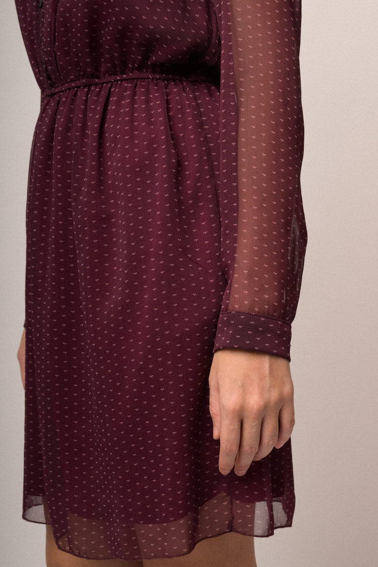 Mini abito chemisier in tulle bordeaux a stampa