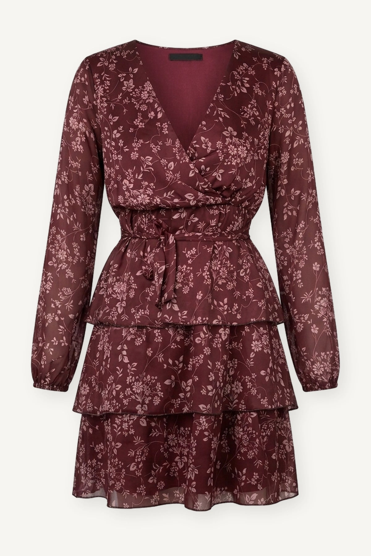 Abito corto bordeaux floreale con balze