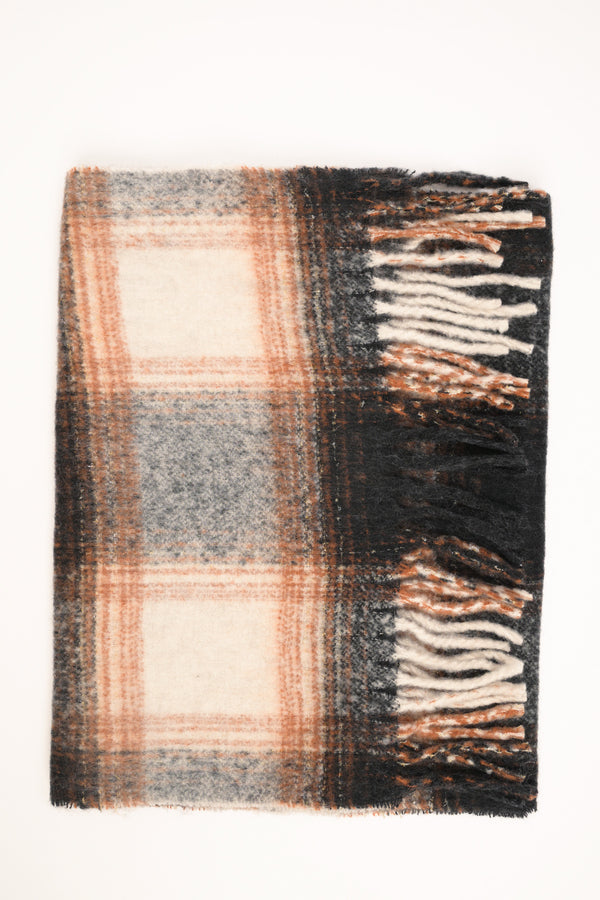 Sciarpa a quadri con frange nera-beige-grigia