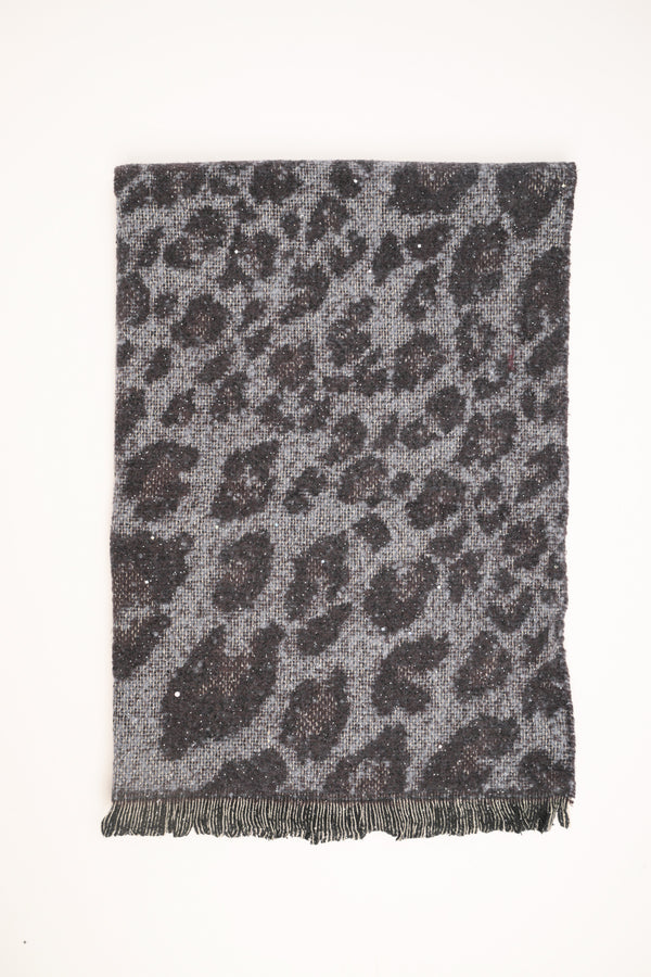 Sciarpa animalier con frange grigia-nera
