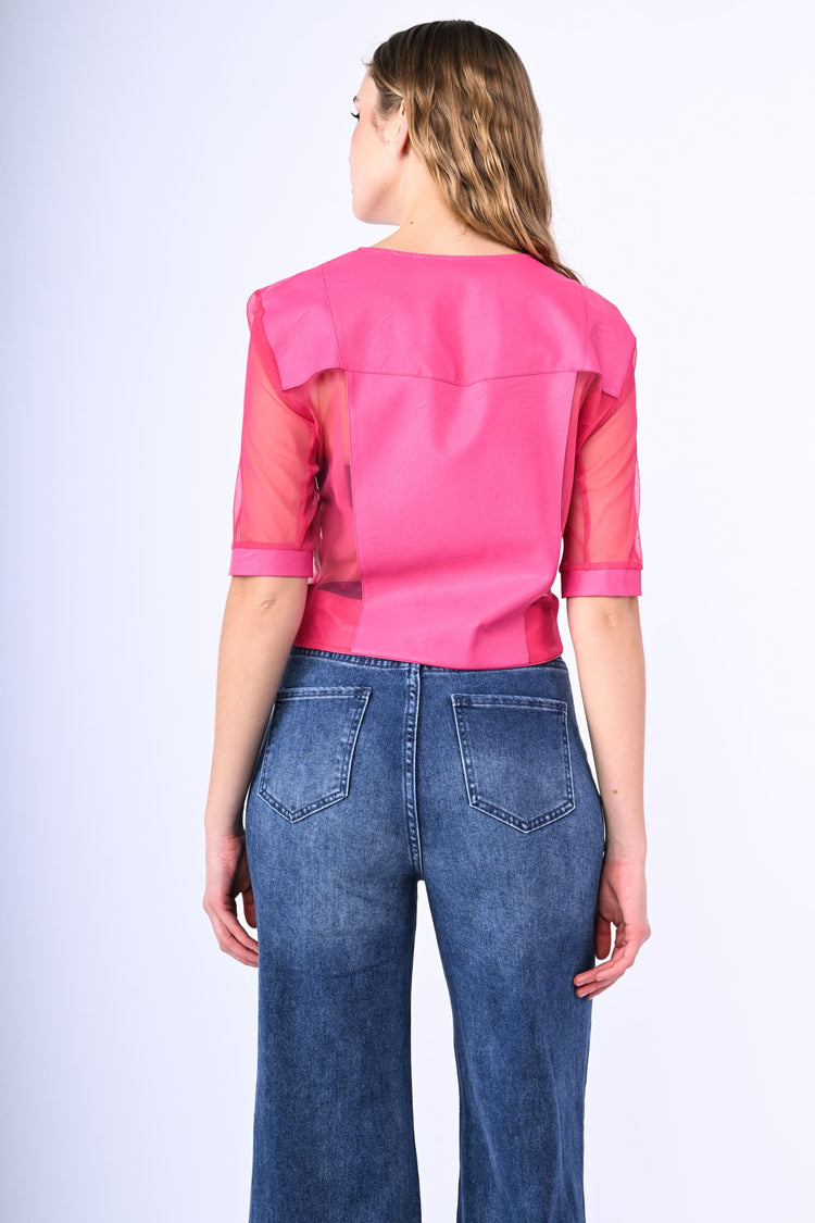Giacca crop in similpelle e tulle