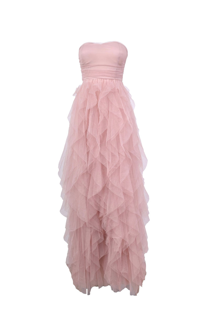 Abito lungo a bustier in tulle con volants