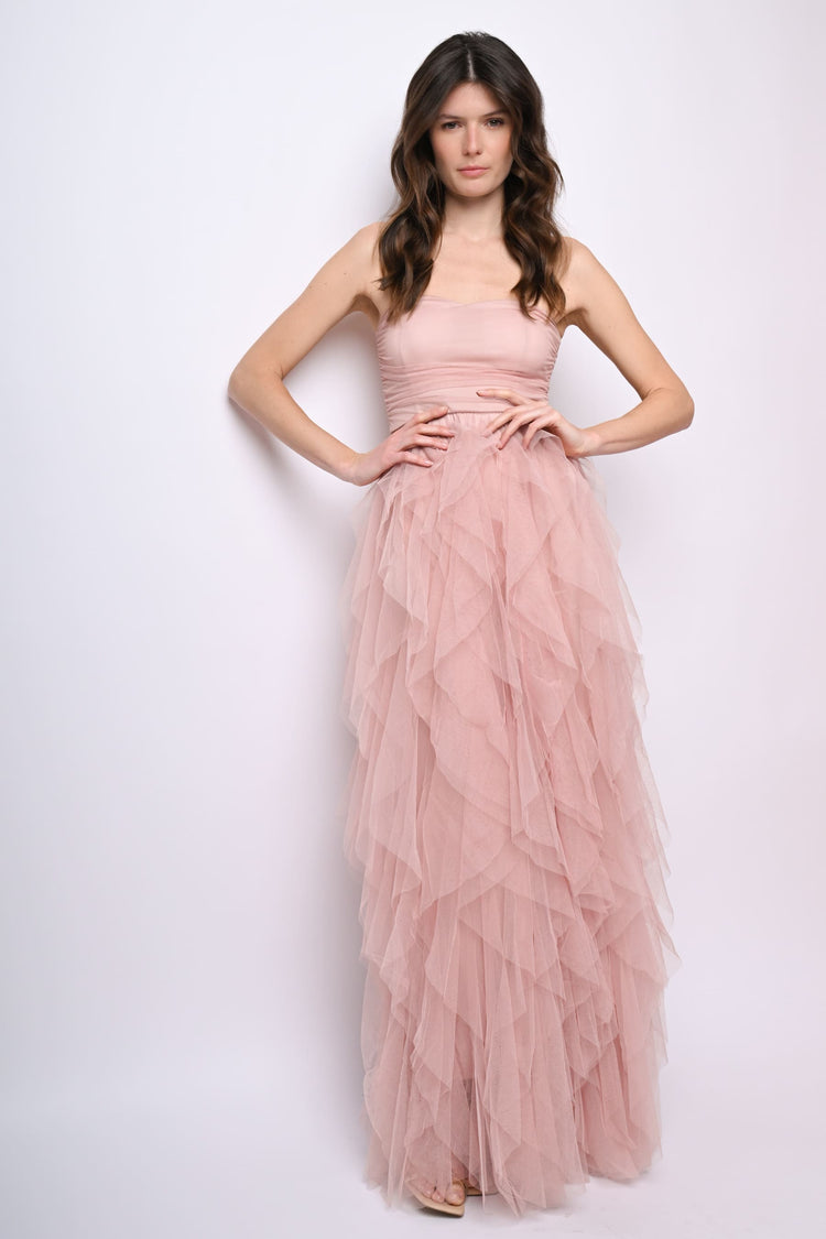 Abito lungo a bustier in tulle con volants