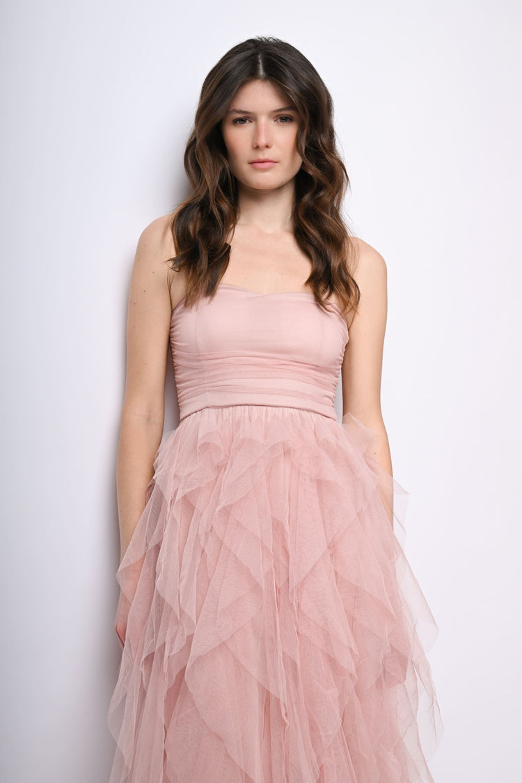 Abito lungo a bustier in tulle con volants