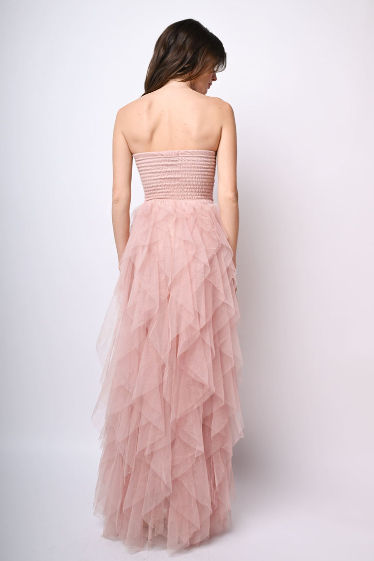 Abito lungo a bustier in tulle con volants