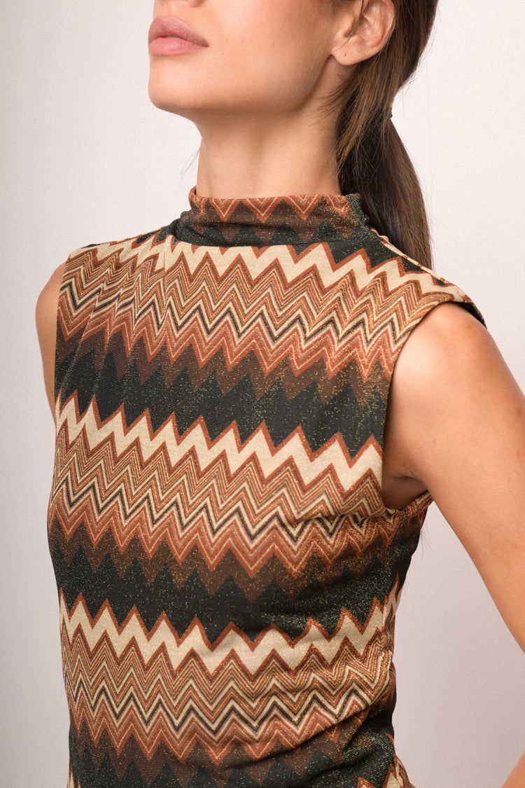 Top in maglia lurex con stampa zig-zag multicolor