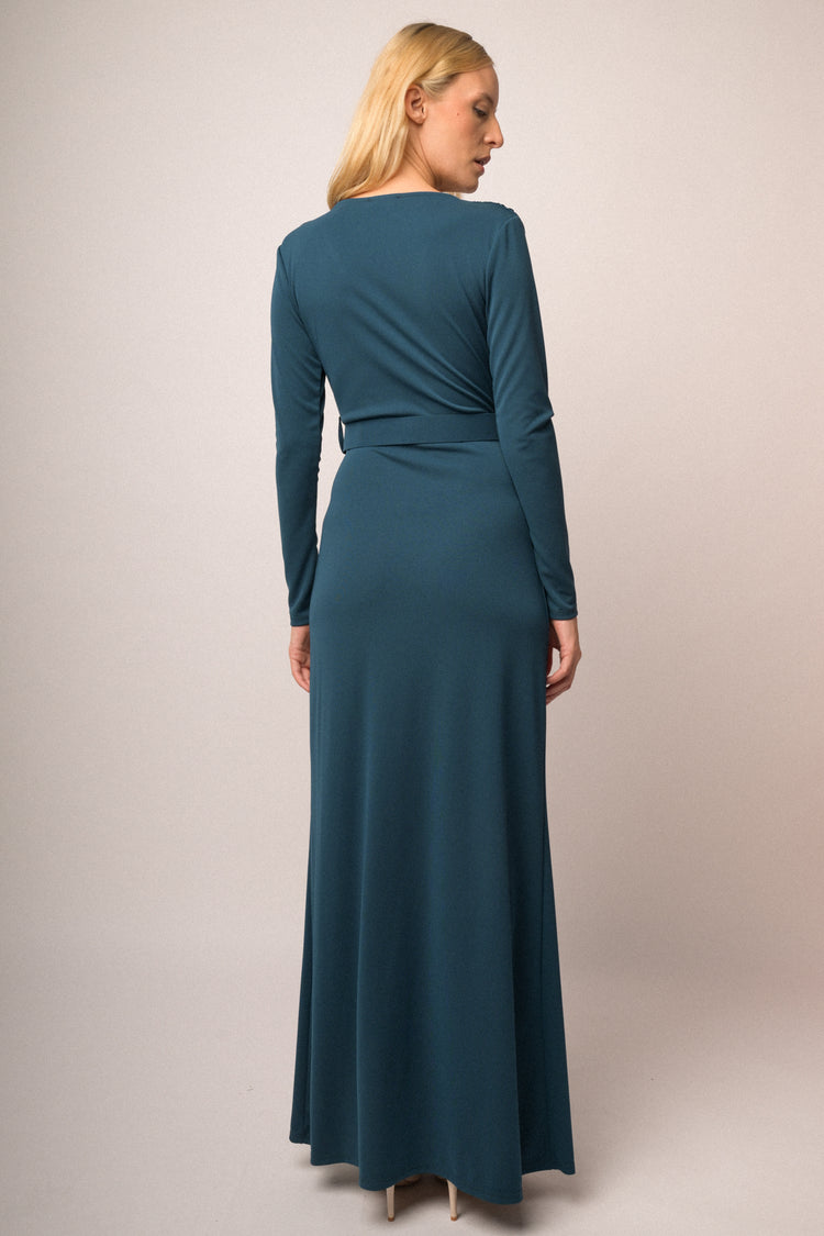 Abito lungo a portafoglio con cintura blu ottanio