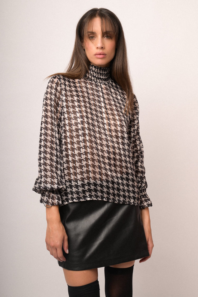 Blusa in georgette a stampa pied-de-poule bianco/nero