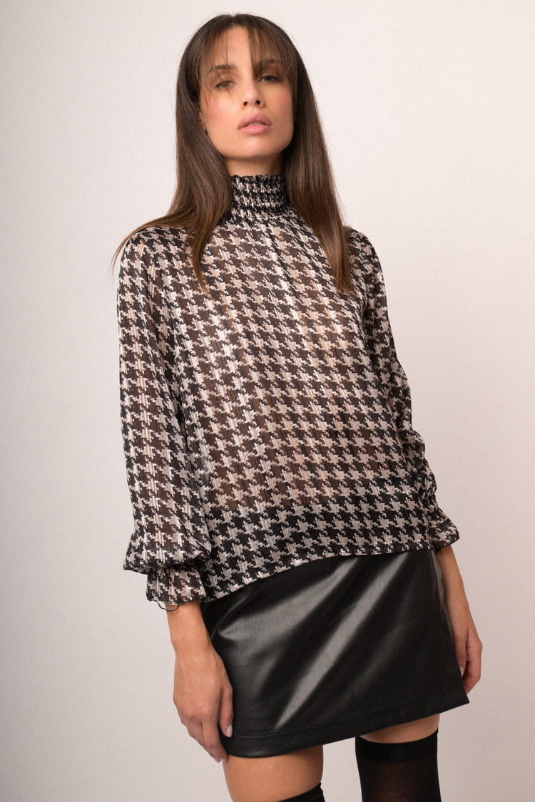 Blusa in georgette a stampa pied-de-poule bianco/nero