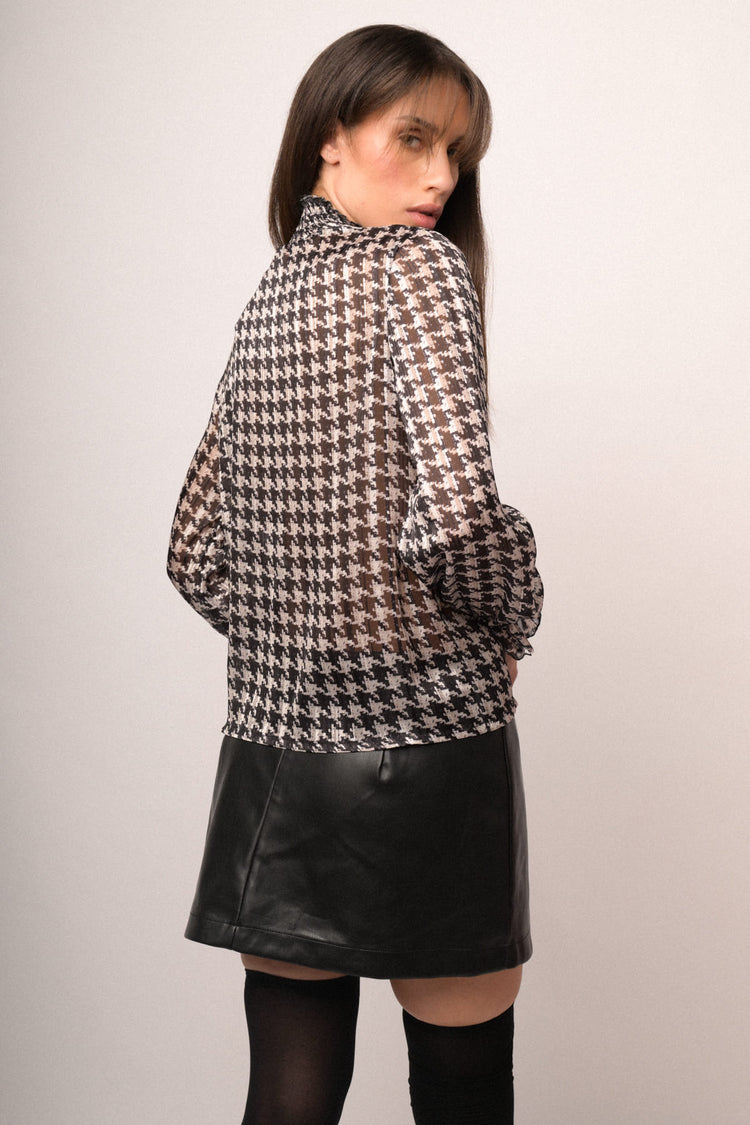 Blusa in georgette a stampa pied-de-poule bianco/nero