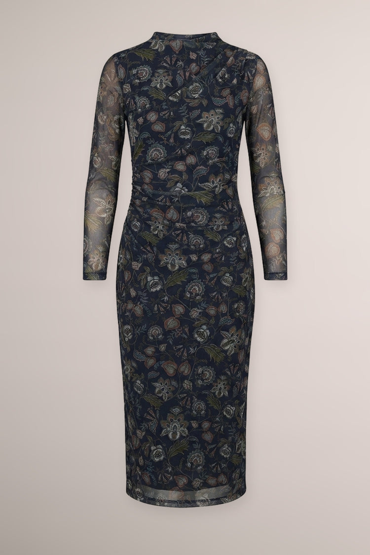 Abito midi in tulle a stampa etnico-floreale blu