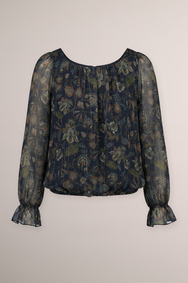 Blusa in georgette a stampa etnico-floreale blu/multicolor