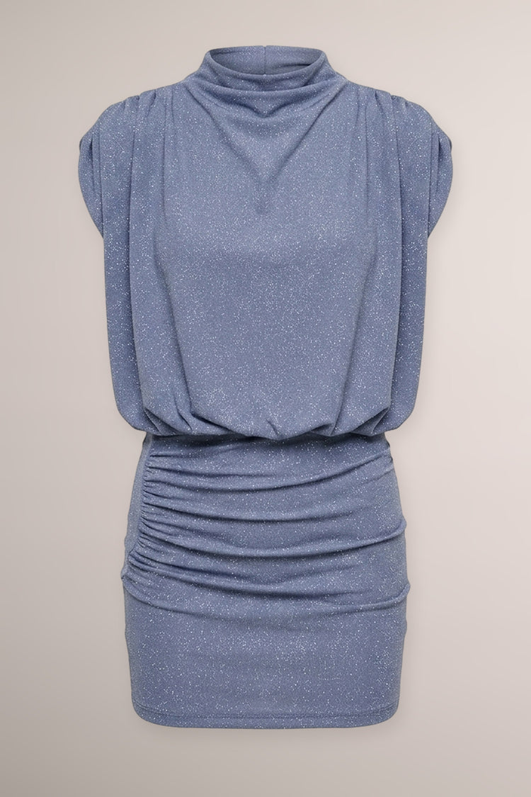 Mini abito in jersey azzurro glitter arricciato