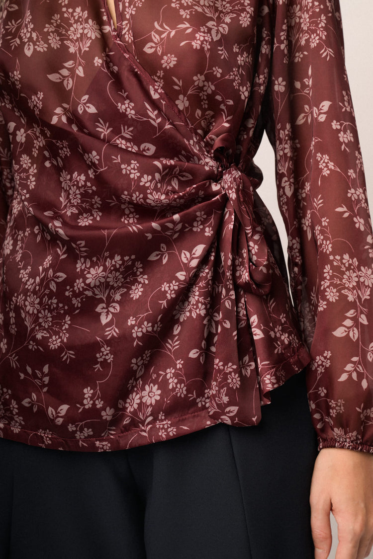 Blusa a stampa floreale bordeaux con nodo