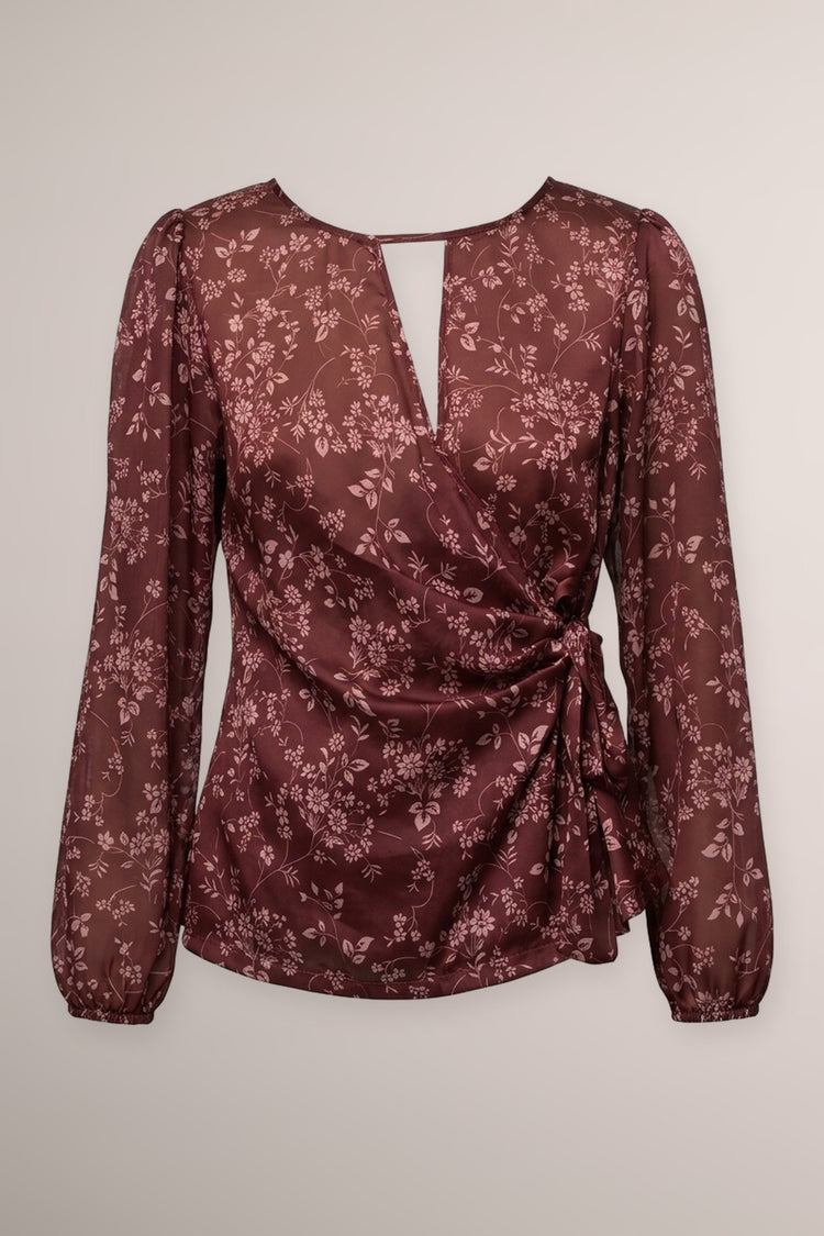 Blusa a stampa floreale bordeaux con nodo