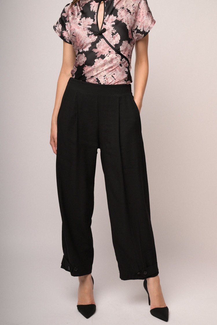 Pantaloni culotte misto viscosa neri con bottoni allorlo