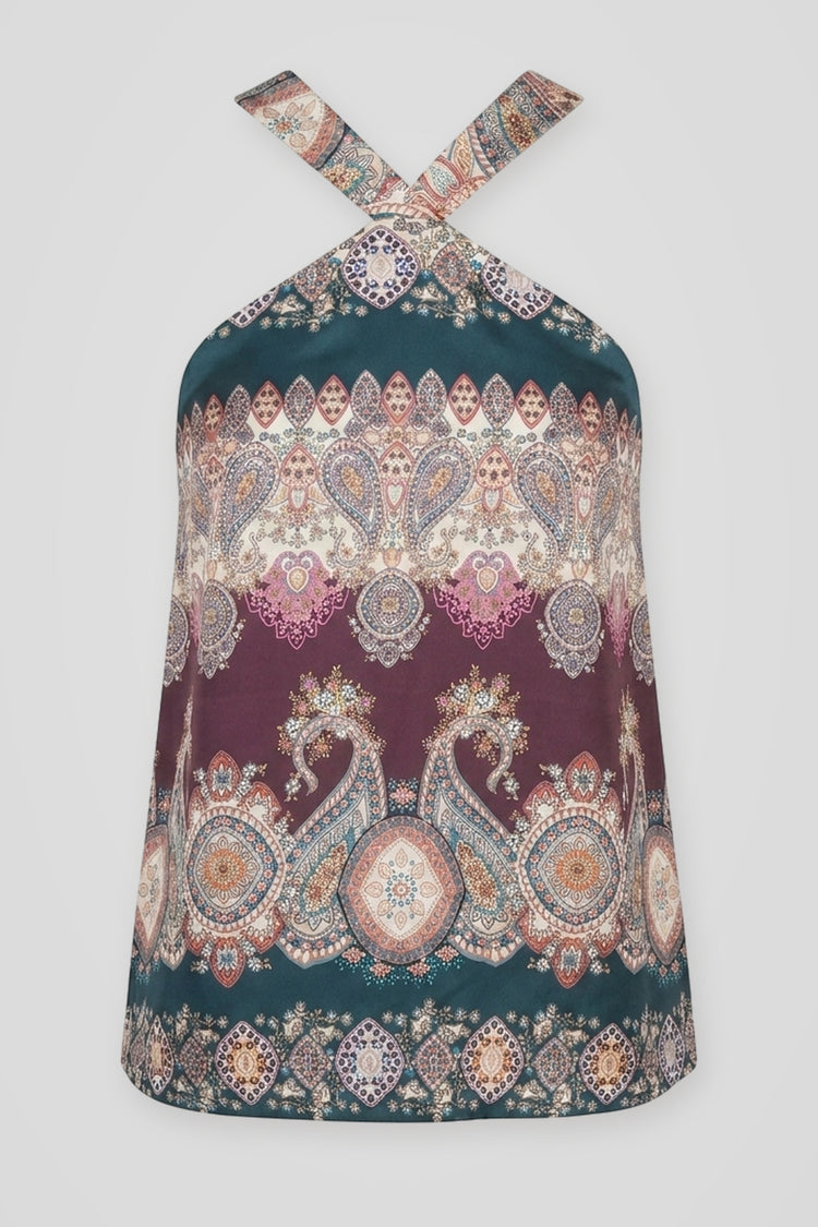 Top in raso a stampa etnica multicolor