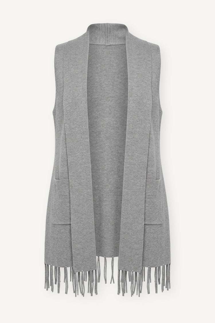 Gilet lungo grigio in maglia con frange