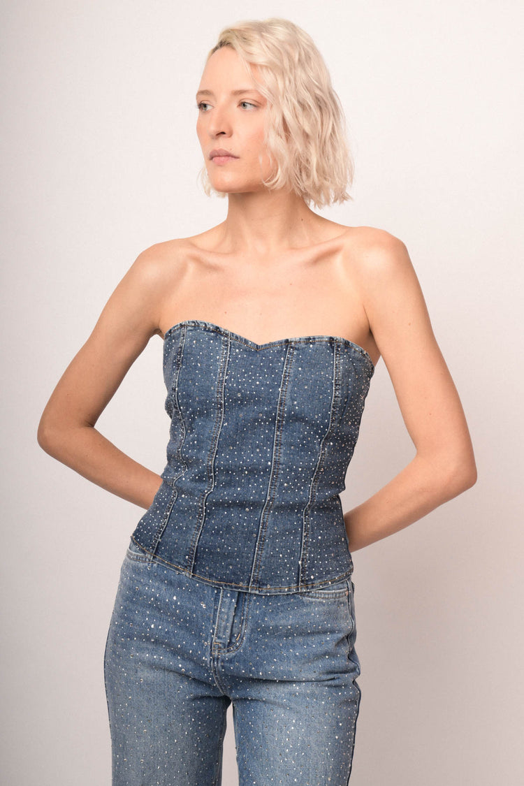 Bustier in denim blu con decorazione strass