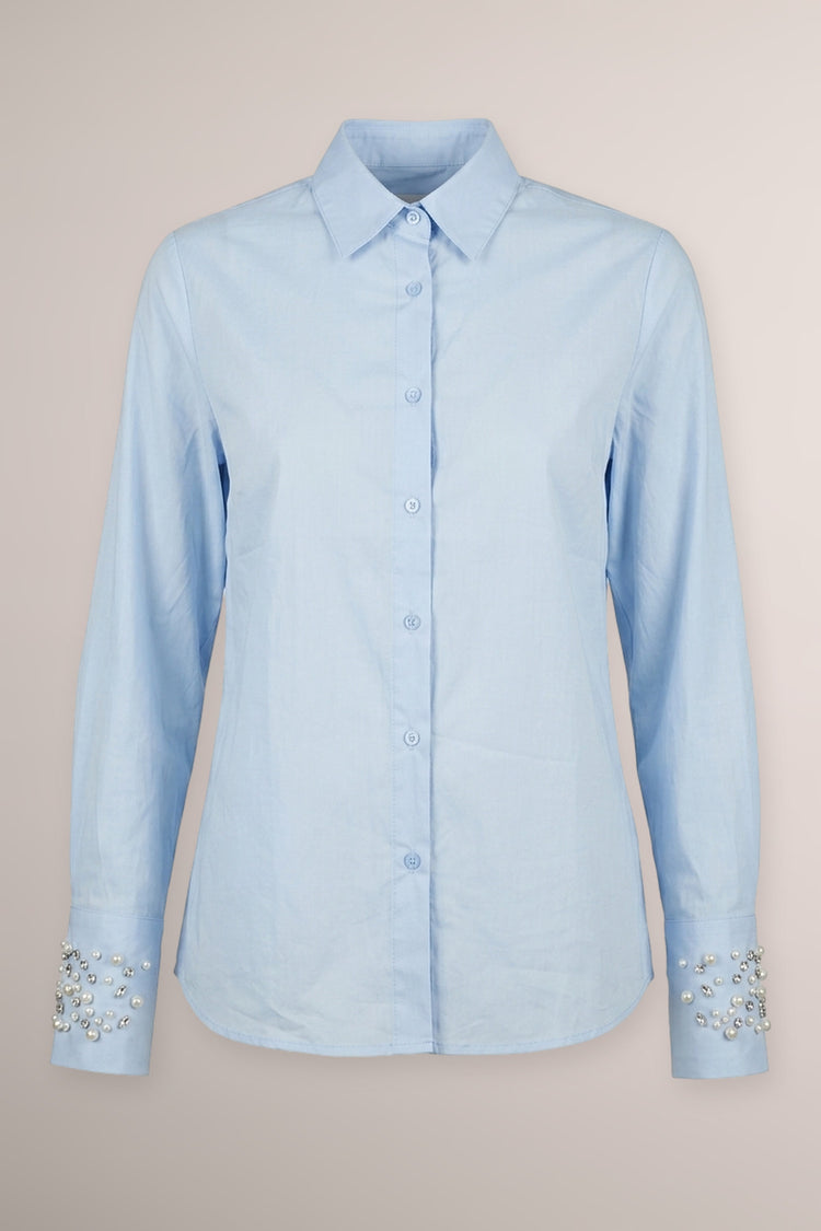 Camicia misto cotone azzurro con polsini-gioiello