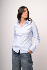 Camicia azzurra a righe con strass sul colletto