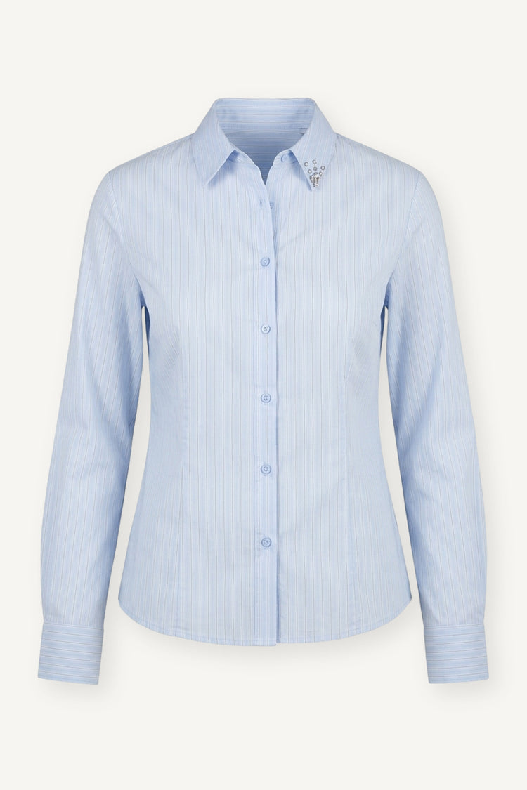 Camicia azzurra a righe con strass sul colletto