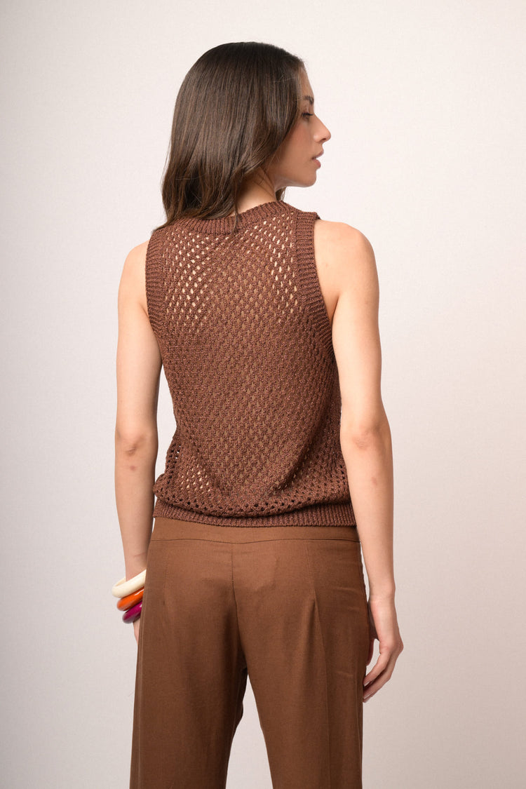 Top in maglia crochet lurex cioccolato