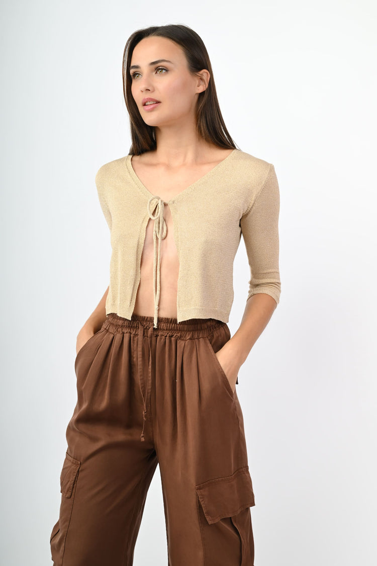 Cardigan in maglia lurex con laccetto