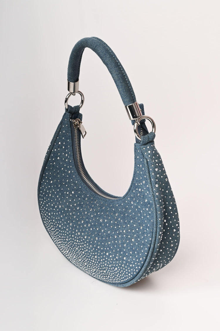 Borsa a mezzaluna in denim con strass